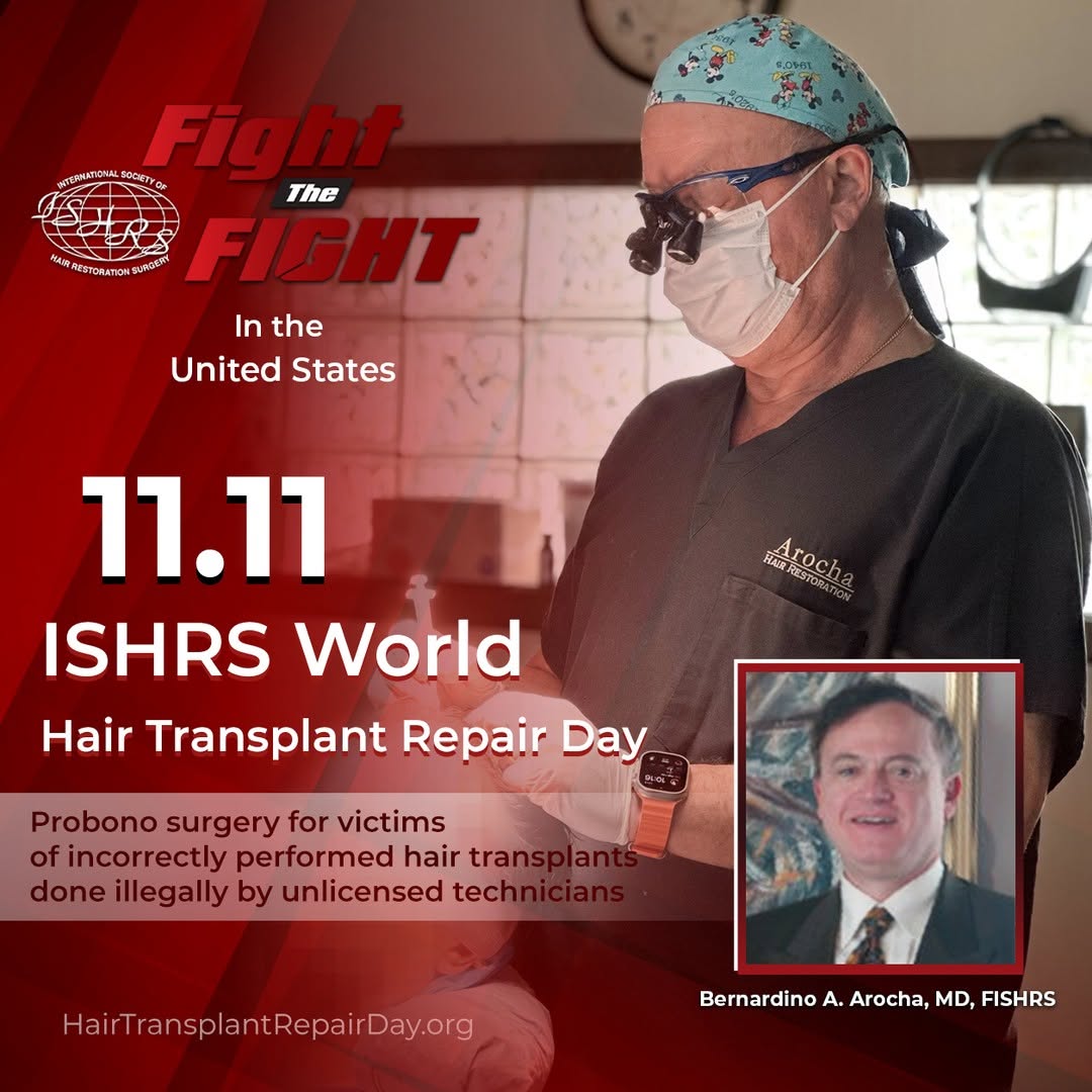 Instagram post by Dr. Bernardino Arocha: On November 11, 2024 this “World Hair Transplant Repair Day”, Dr. Bernardino Arocha will offer a pro bono restorative hair procedure for a q…