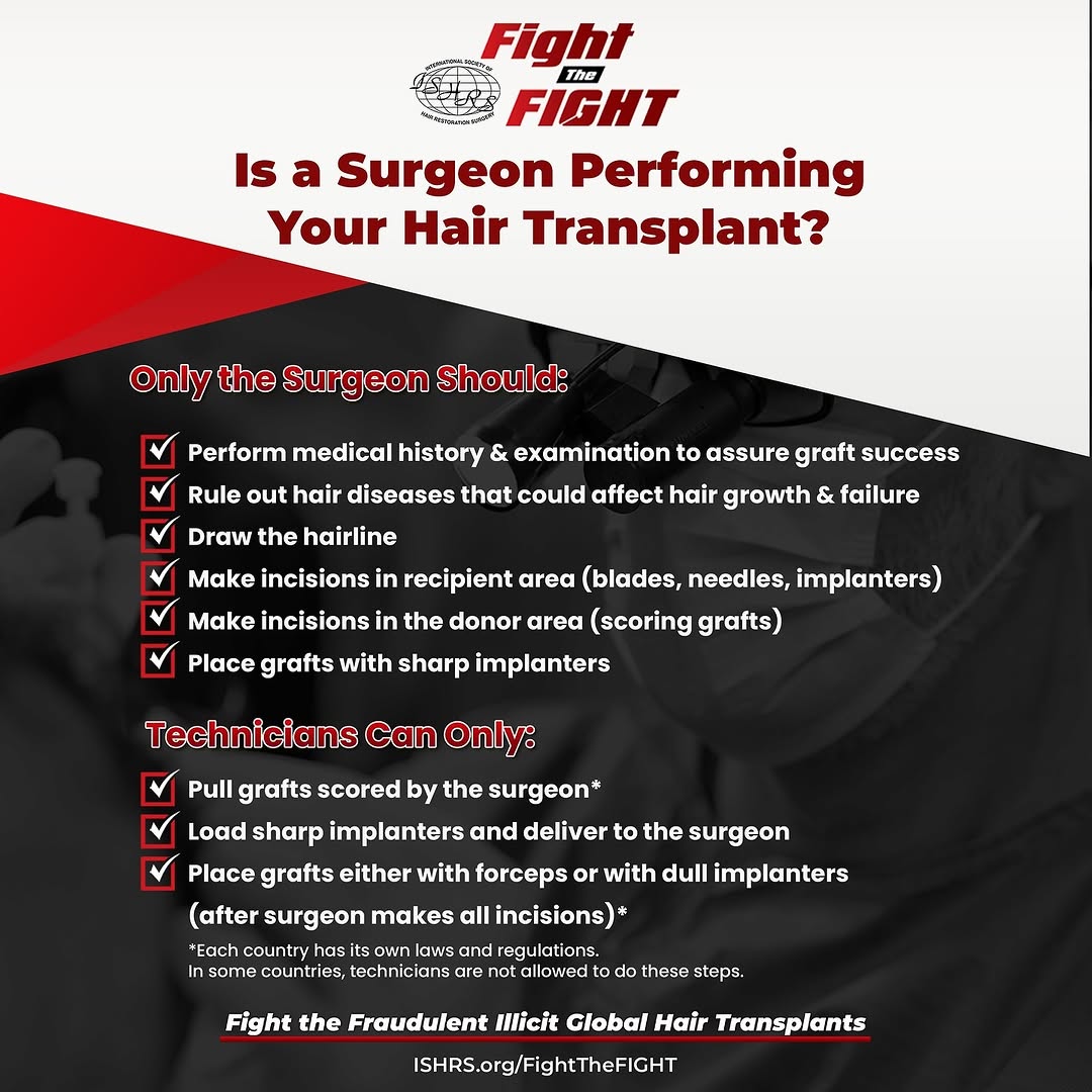 Instagram post by Dr. Bernardino Arocha: Today is Hair Transplant Repair Day, November 11, 2024. Is a surgeon performing your hair transplant? Only the Surgeon Should: ✅Perform medi…