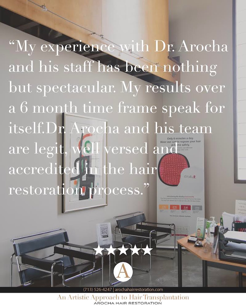 Instagram post by Dr. Bernardino Arocha: Thank you, Kevin B., for your five star review! Real results and real confidence are what you can expect when you come to Arocha Hair Restor…