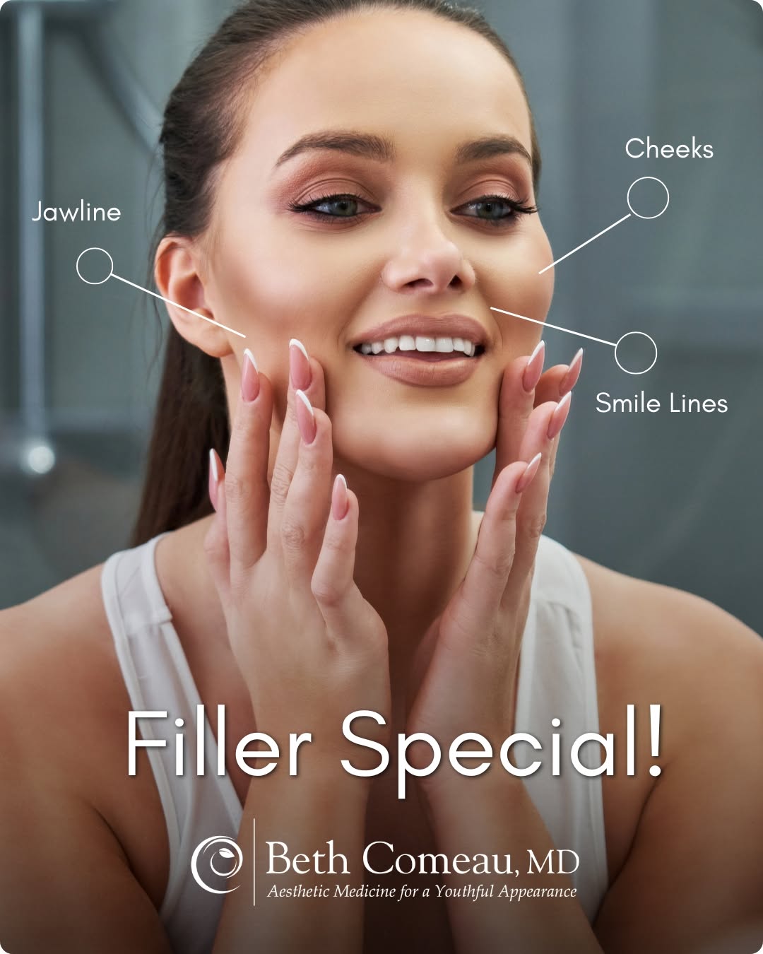 Instagram post by Dr. Beth Comeau: ✨ Enhance your profile and smooth your smile lines! ✨ For a limited time, when you receive cheek or jawline filler (or both!), you'll get yo…
