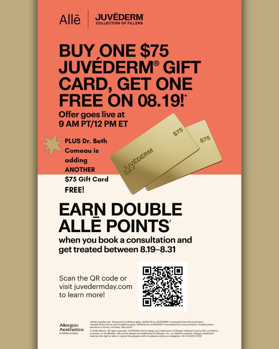 Instagram post by Dr. Beth Comeau: Save the Date! JUVÉDERM® Day is coming August 19, 2026! BOGO - Buy one $75 Gift Card, Get one FREE + Dr. Beth is matching the offer with ano…