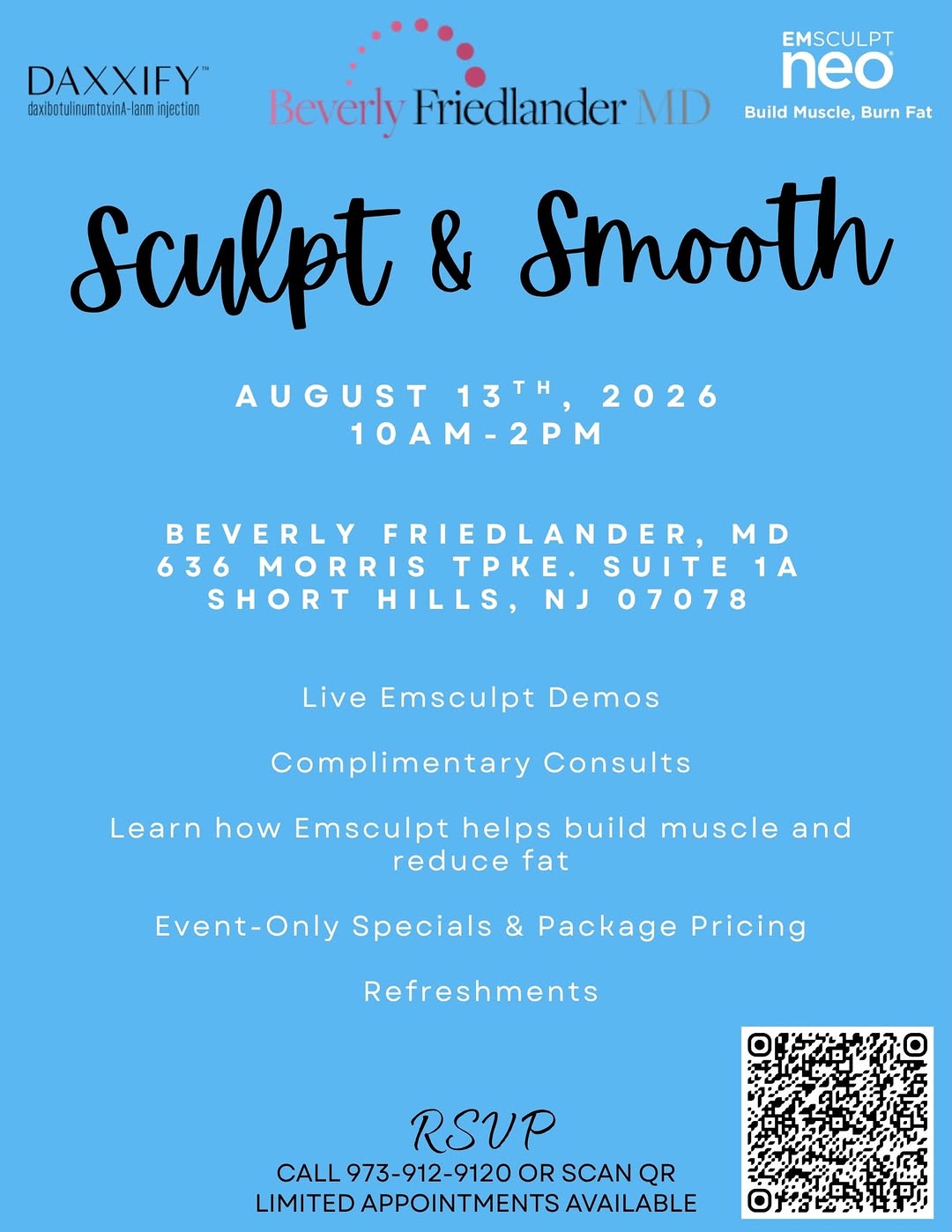Instagram post by Dr. Beverly Friedlander: Join us for our exclusive Sculpt & Smooth event on Thursday, August 13th from 10am-2pm! Whether you're looking to build muscle and reduce fa…