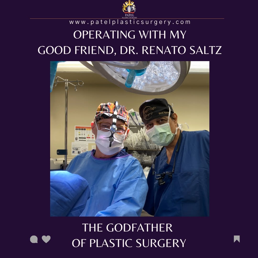 Instagram post by Dr. Bhupendra C.K. Patel: A great honour today operating with my good friend and brother-in-arms, Dr. Renato Saltz MD, the Godfather of Plastic Surgery: a surgeon par…