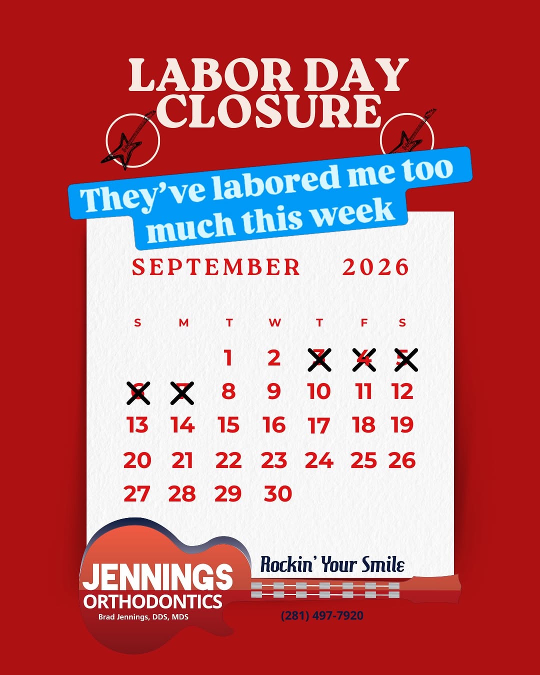 Instagram post by Dr. Brad Jennings, DDS: We’ll be out of the office Thursday for staff retreat and Monday for Labor Day. Hey, I didn’t get a Summer vaca so gotta get em when I can!