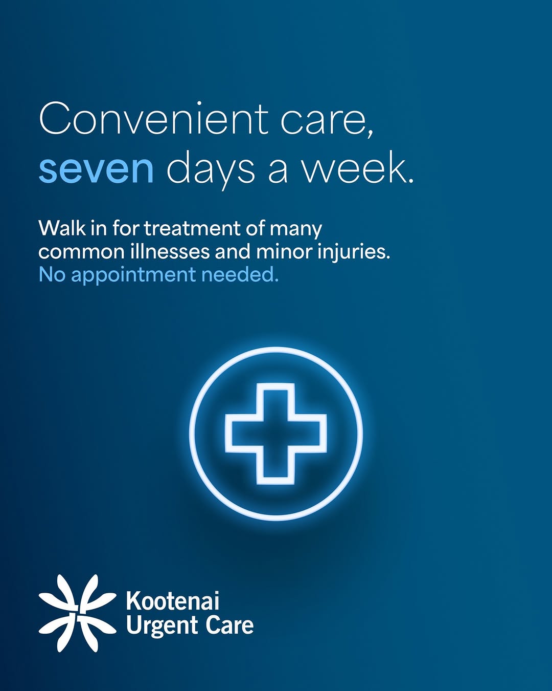 Instagram post by Dr. Bradley Drury: Life doesn’t always happen on a schedule, and neither do illnesses or minor injuries. Kootenai Urgent Care is open seven days a week to p…