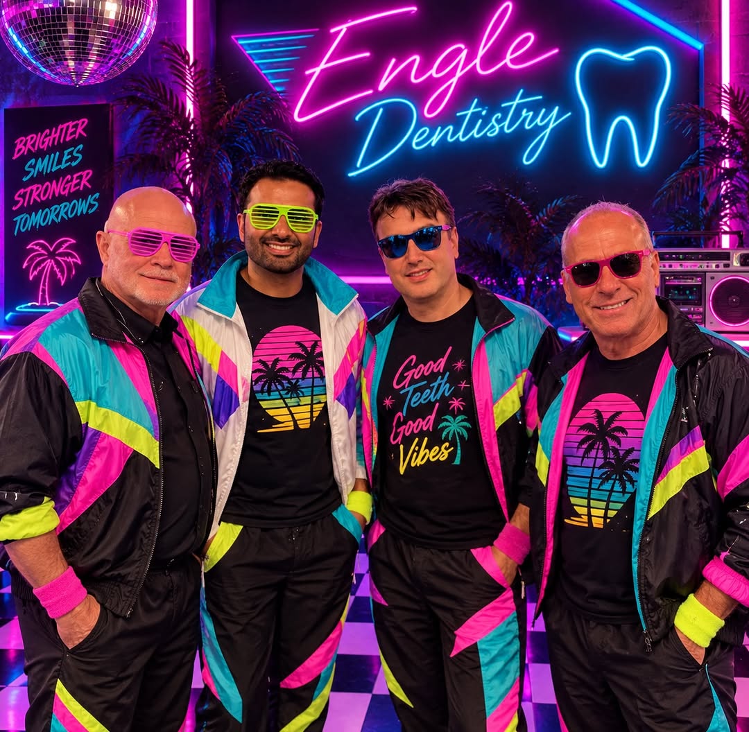 Instagram post by Dr. Bradley J. Engle, D: POV: Your dental team just dropped the hottest album of 1987. 🎸🦷🔥 No skips. No cavities. Just immaculate ’80s energy. 😎 #EngleDentistry …