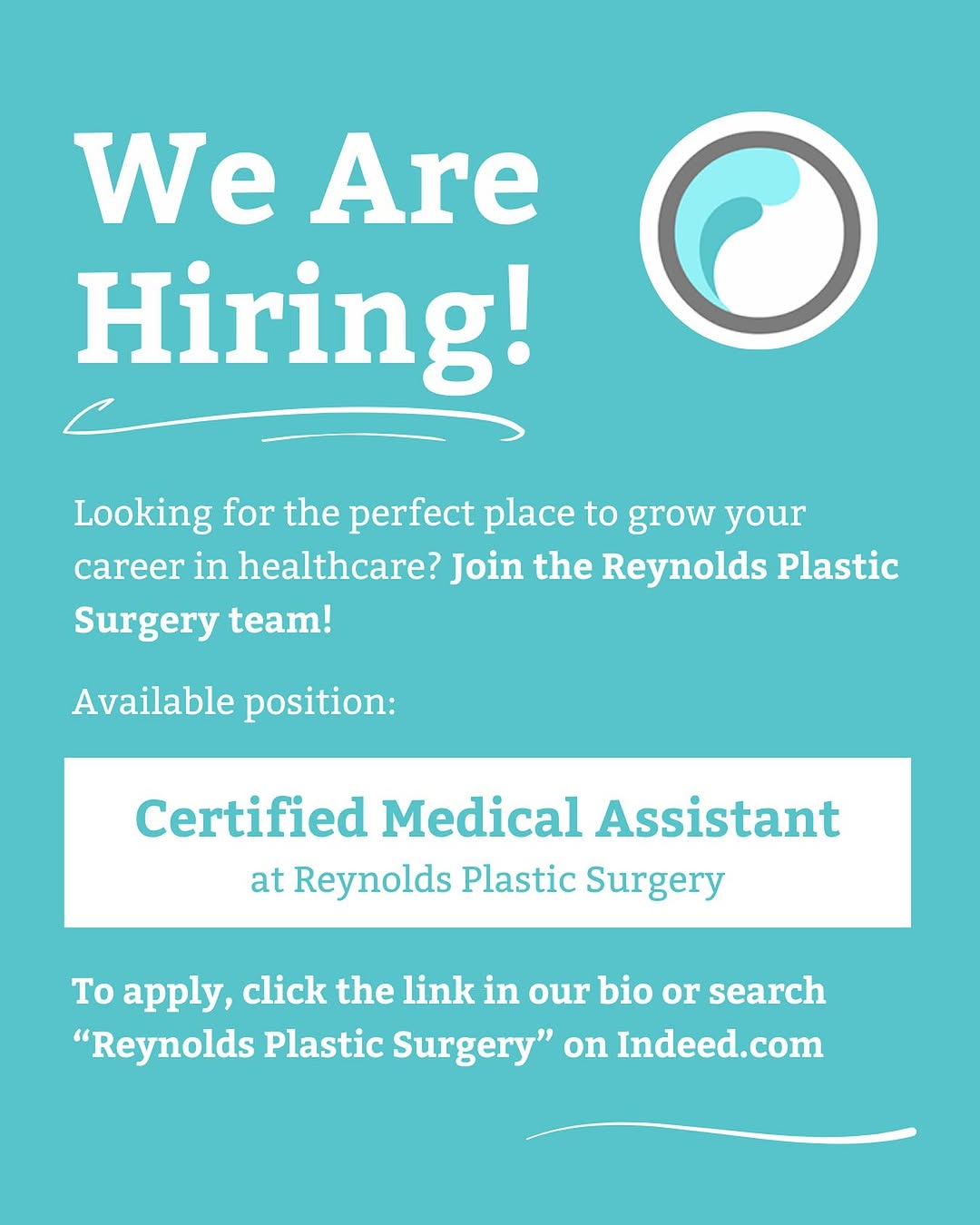 Instagram post by Dr. Brandon Q. Reynolds: We’re Hiring! Grow your healthcare career with Reynolds Plastic Surgery as a Certified Medical Assistant! 📍 Apply today via the link in bio…