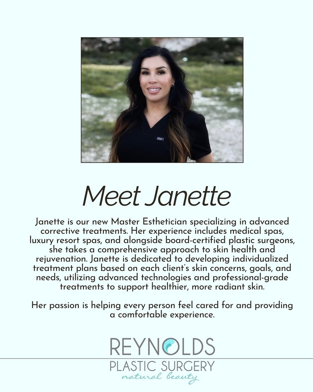 Instagram post by Dr. Brandon Q. Reynolds: ✨ Meet Janette ✨ Come experience a personalized approach to skincare with our new Master Esthetician. As a special welcome, enjoy 10% off yo…