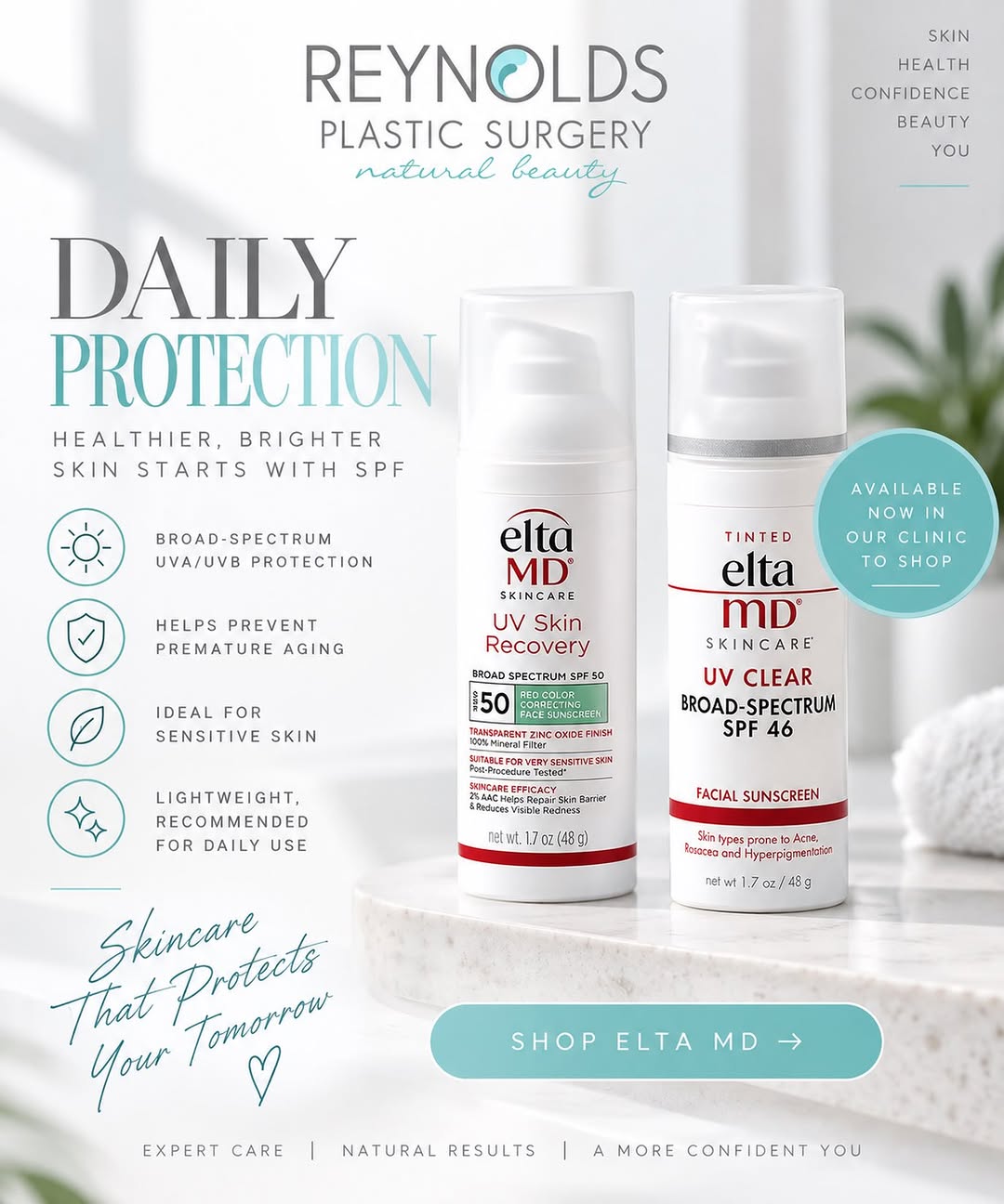 Instagram post by Dr. Brandon Q. Reynolds: Why our patients love EltaMD SPF 🤍☀️ • Lightweight & comfortable • Gentle enough for sensitive skin • Broad-spectrum sun protection • Helps…