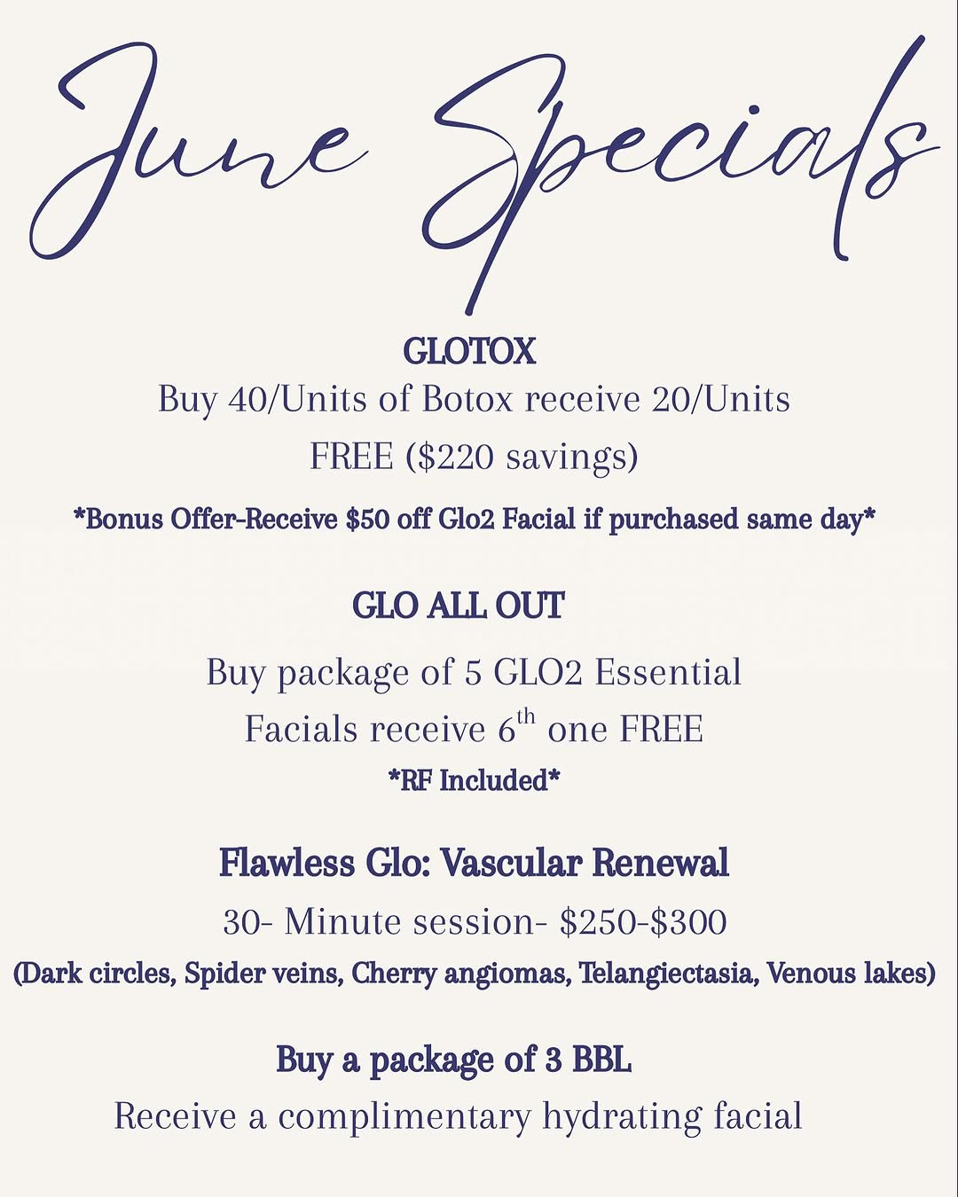Instagram post by Dr. Brenda Schiesel, DO: ✨ June Glow-Up Specials! ✨ This month at South Tulsa Plastic Surgery: 🌬️ Glo2 Facial – deep cleanse & radiance 💉 Botox – smooth fine lines…