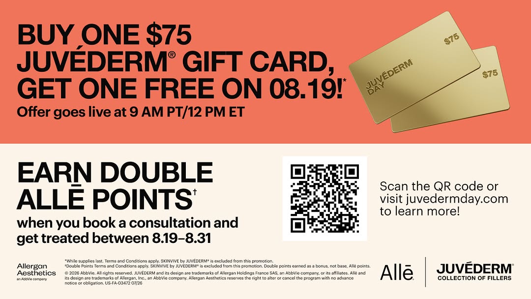 Instagram post by Dr. Brenda Schiesel, DO: JUVÉDERM® Day is the one day only event everyone’s talking about , put it in your calendar! 08.19 2026 at 9 A.M. PT/12 P.M. ET Allē Members …