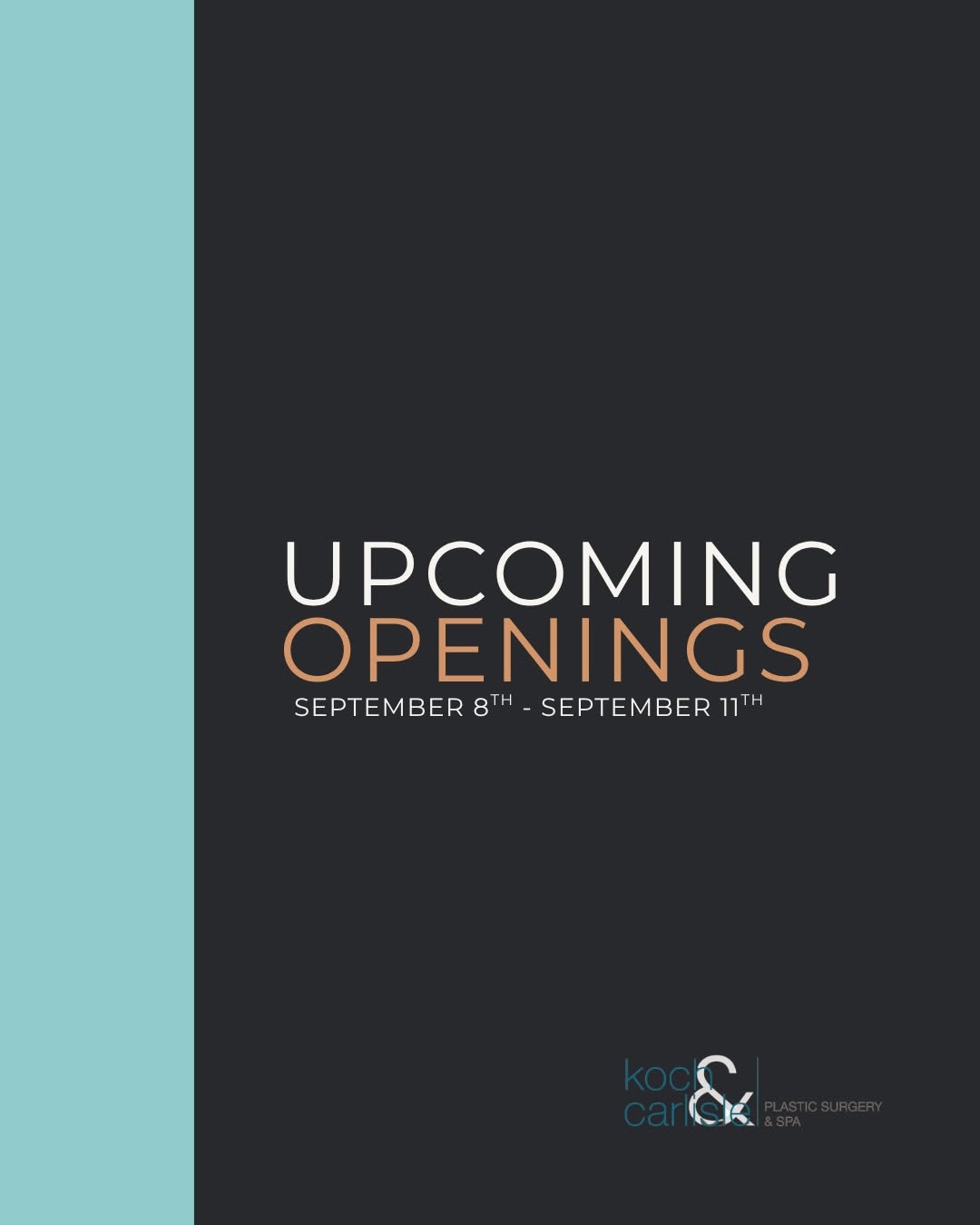 Instagram post by Dr. Brenton B. Koch: Swipe to view available spa, lash, and injection appointments at our Mills Civic and Village View locations from September 8–11. Availabilit…