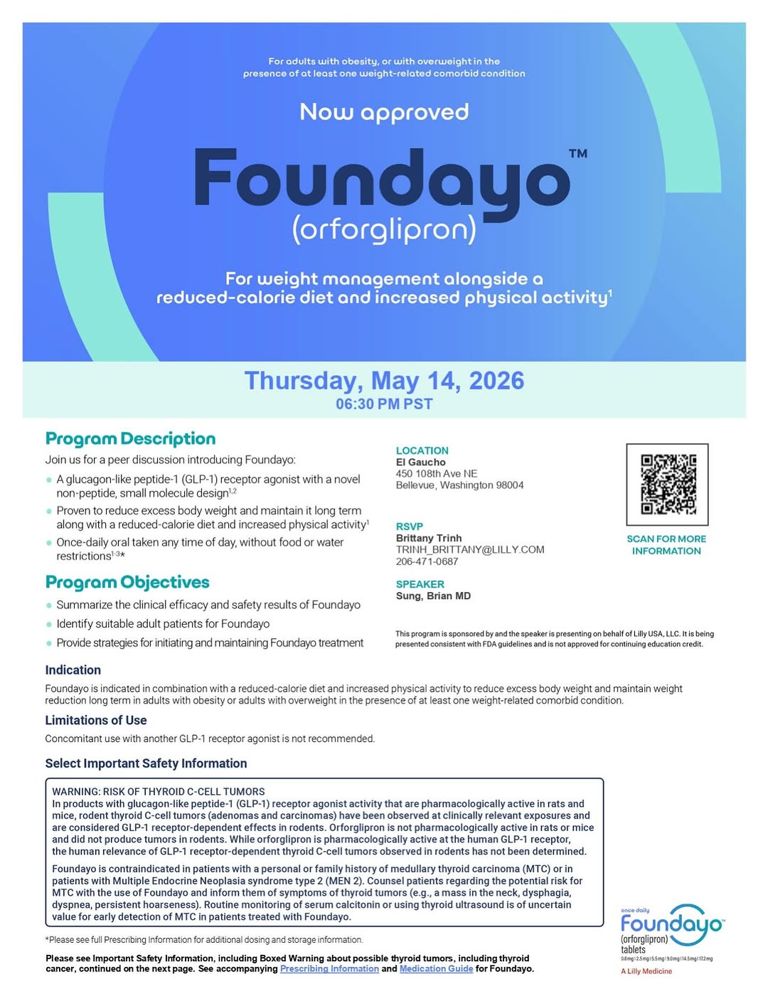 Instagram post by Dr. Brian C. Sung: Introducing Foundayo at our dinner program on Thursday 5/14 6:30pm! Join us for a peer discussion with speaker Dr. Brian Sung. Please scan q…