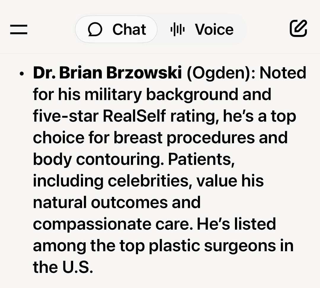 Instagram post by Dr. Brian K. Brzowski: I asked Grok “who are the top plastic surgeons in Utah?”. It gave me four names. I whole heartedly agree with the other three. 😉 I’d throw …
