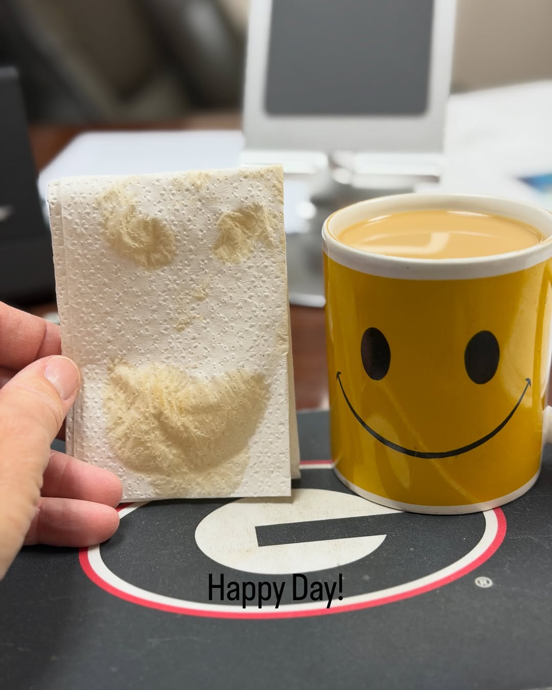 Instagram post by Dr. Brian K. Brzowski: Total luck today with a napkin and a stain. A happy day is guaranteed. Wishing the same for you all.