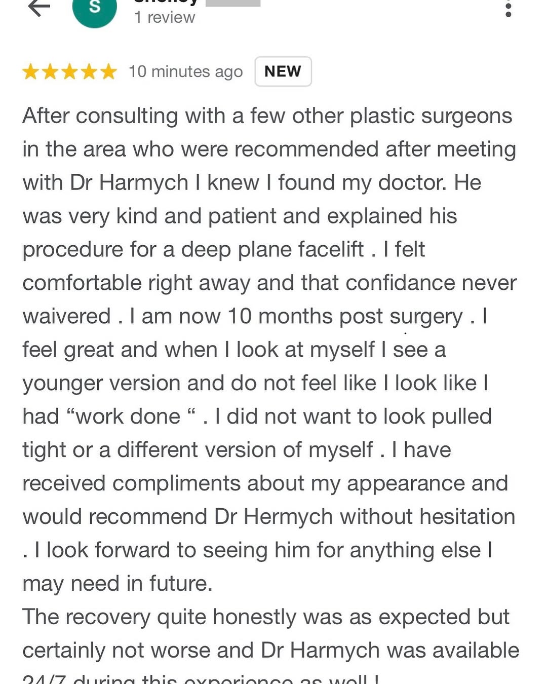 Instagram post by Dr. Brian M. Harmych: ⭐️⭐️⭐️⭐️⭐️ Just received this glowing review from one of our #deepplanefacelift patients! One of the best compliments a patient can make abo…