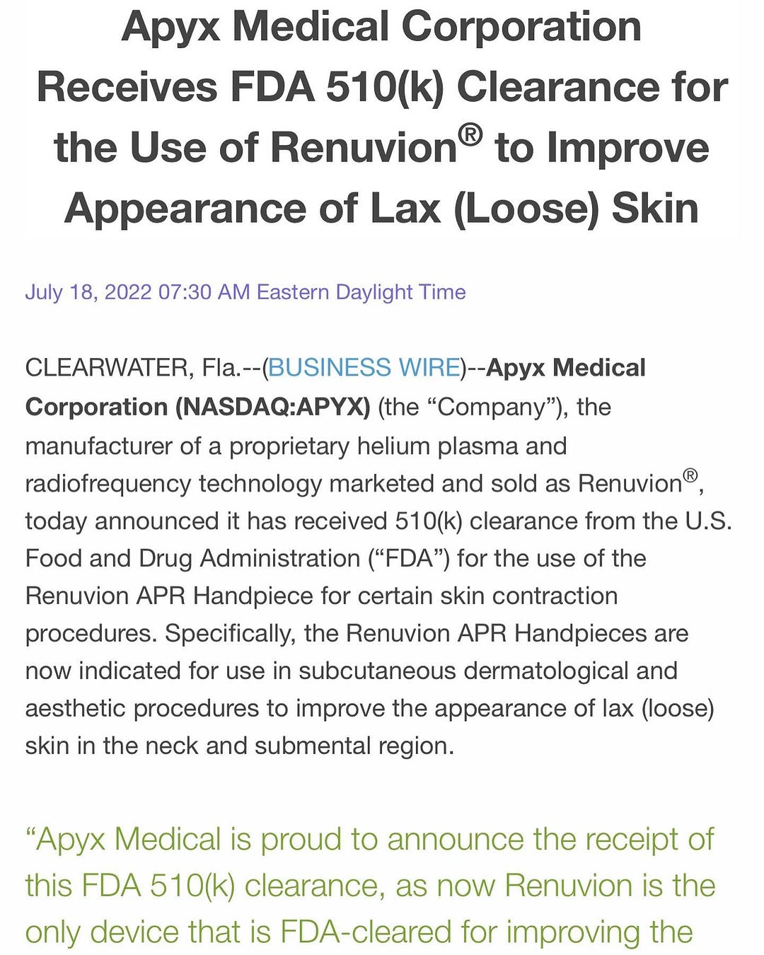 Instagram post by Dr. Brian M. Kinney: Congratulation to @drbriankinney and the Renuvion team for getting FDA clearance for the use of Renuvion to improve appearance of lax skin!!…