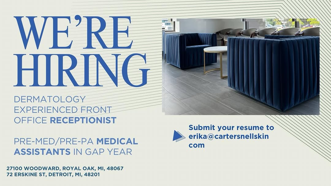 Instagram post by Dr. Brittany Carter-Snell: We’re Hiring! Join Our Dermatology Team 🤍 We are looking for motivated, patient-focused professionals to grow with our practice: 🔹 Medical…