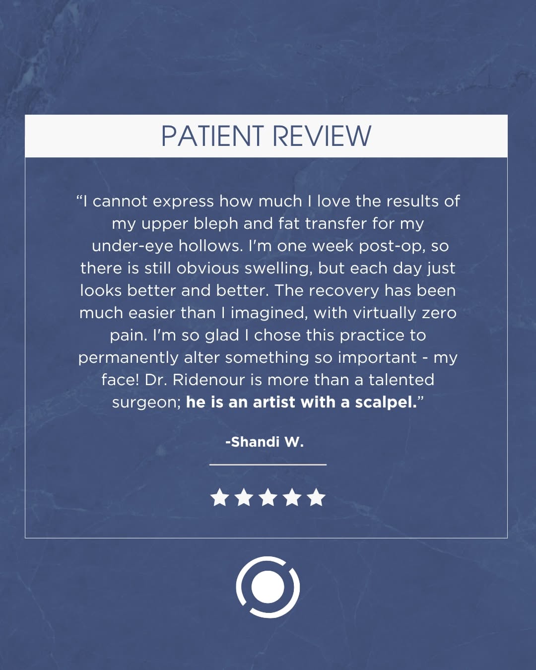 Instagram post by Dr. Brock Ridenour: Just one week after her upper blepharoplasty and fat transfer to the under-eye area, this patient shared how happy she already is with her e…
