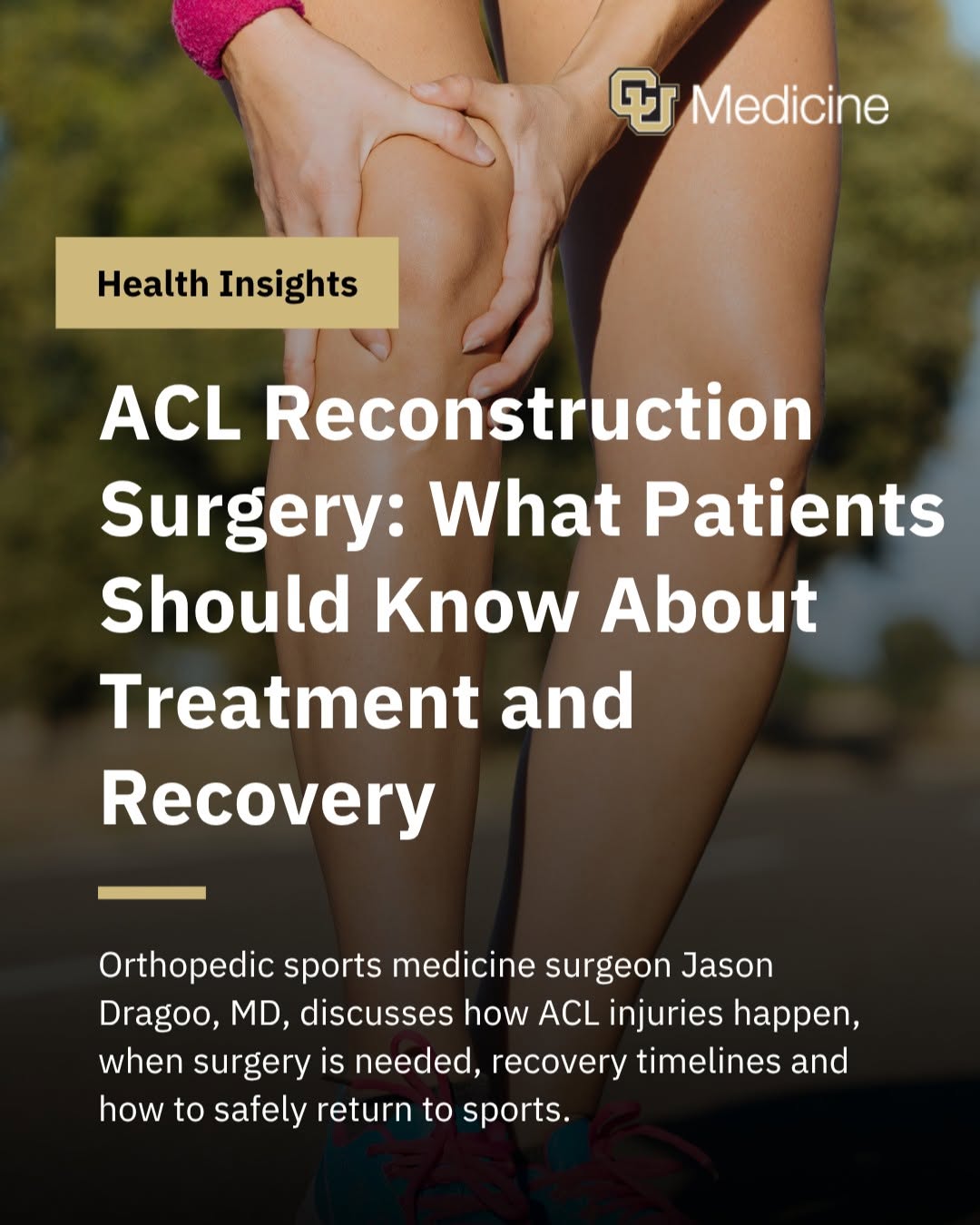 Instagram post by Dr. Brooke French: ACL injury questions? 🦵 Jason Dragoo, MD, discusses: ✔️ How ACL injuries happen ✔️ When surgery may be needed ✔️ Recovery timelines ✔️ Retu…