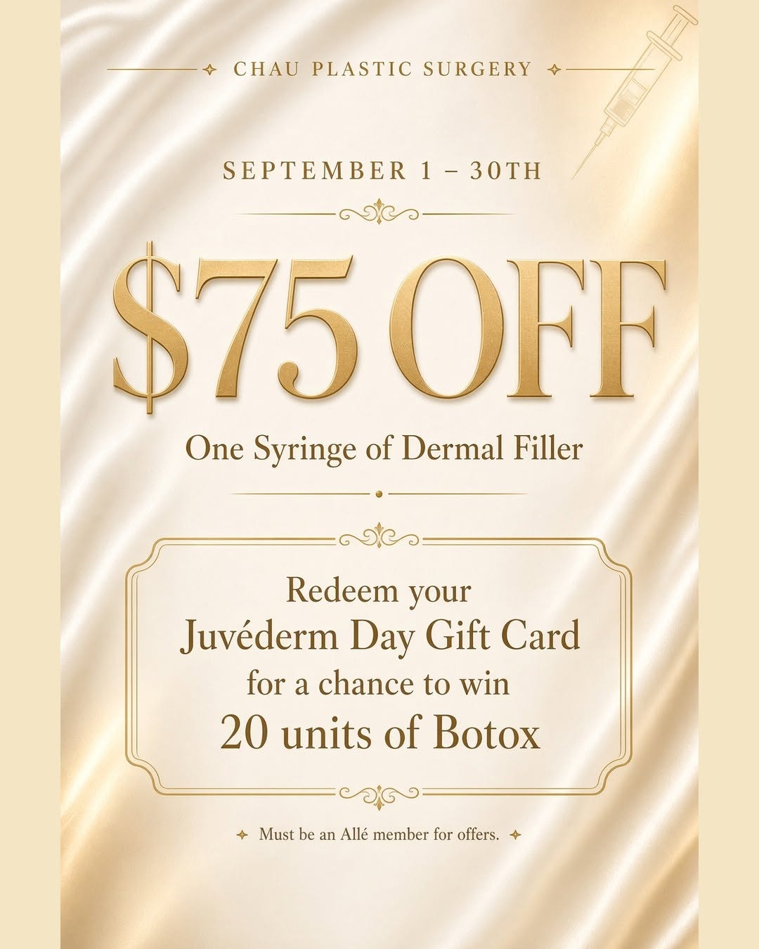 Instagram post by Dr. Bruce Chau, DO: September special at Chau Plastic Surgery $75 off one syringe of dermal filler, now through September 30, 2026 🔥 Bonus: redeem your J…