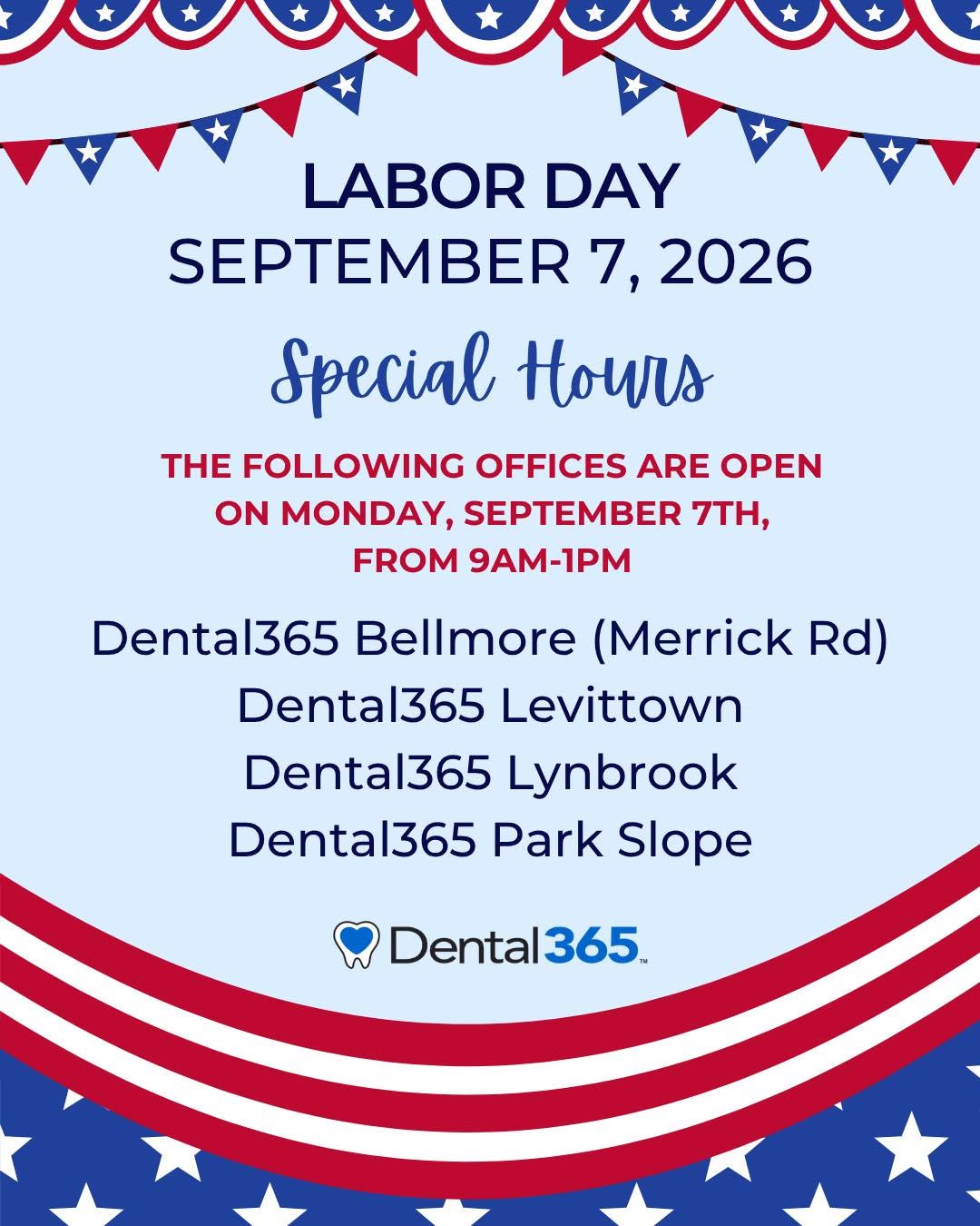Instagram post by Dr. Bruce Freund, DDS: We've got you covered this Labor Day Weekend! 🇺🇸🦷 Select Dental365 offices are open on Labor Day to keep your smile healthy and bright 💫…