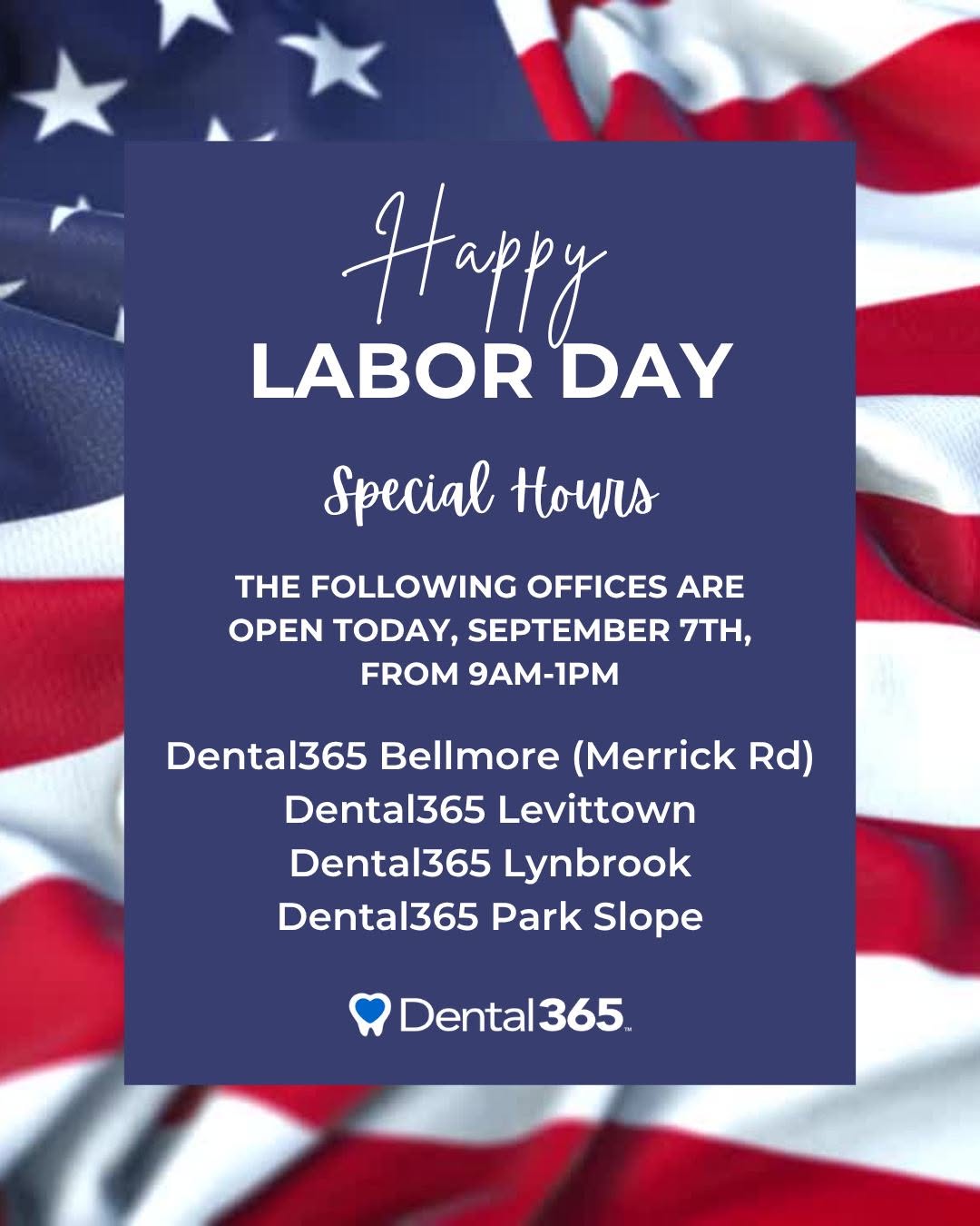 Instagram post by Dr. Bruce Freund, DDS: Happy Labor Day from our family to yours! 🇺🇸💙 📍 Select Dental365 offices are open today to make sure you’re covered! #LaborDay #LDW #Den…