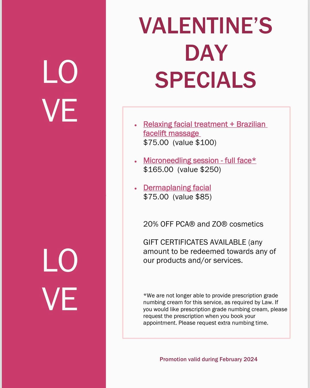 Instagram post by Dr. Calvin Van Reken: Valentine’s Day Specials are ready. Valid through the entire February 2024 🥰🥰🥰🙏 Perfect gift to your loved ones. #facial #esthetician #f…