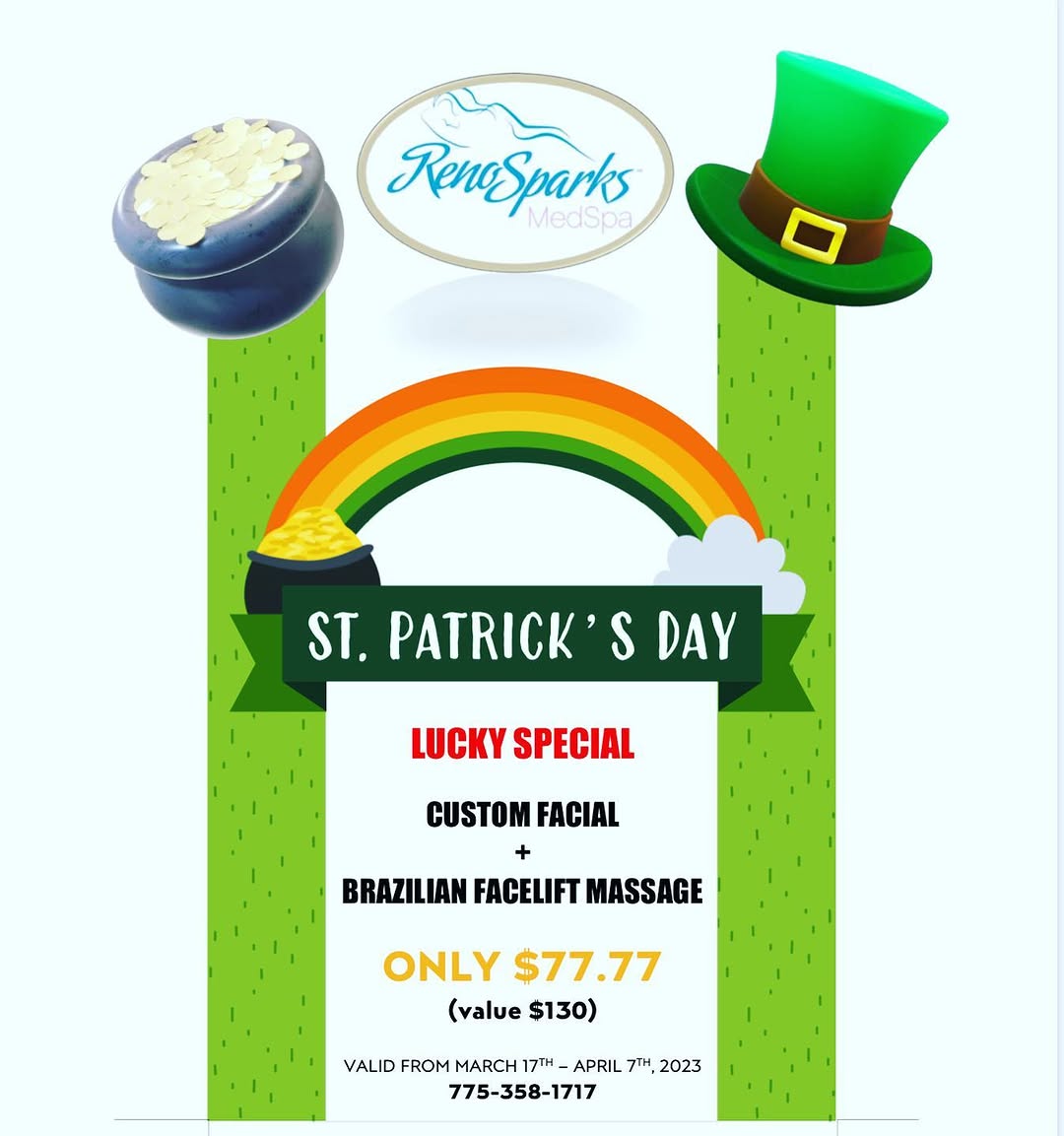 Instagram post by Dr. Calvin Van Reken: 🍀 ST PATRICK’S DAY SPECIAL: Customized Facial (acne, hyperpigmentation, texture, wrinkles, etc) and Brazilian Facelift Massage. ONLY: $77.7…