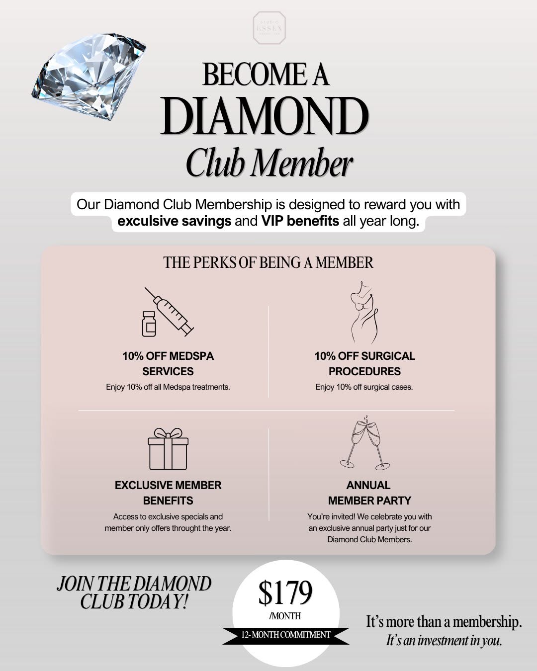 Instagram post by Dr. Cara Downey: You heard us!! 🗣️ Interested in becoming a Diamond Club Member? Give us a call for more information!