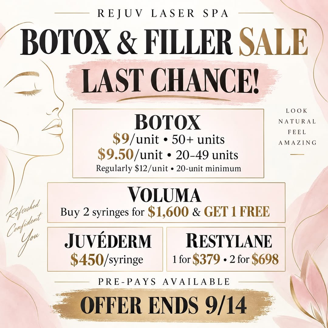 Instagram post by Dr. Carl A. Powell, DO: ✨ LAST CHANCE! ✨ Our Botox & Filler Sale ends 9/14! 💉 Botox starting at $9/unit 💋 Voluma: Buy 2 syringes for $1,600 & get 1 FREE ✨ Juvéder…