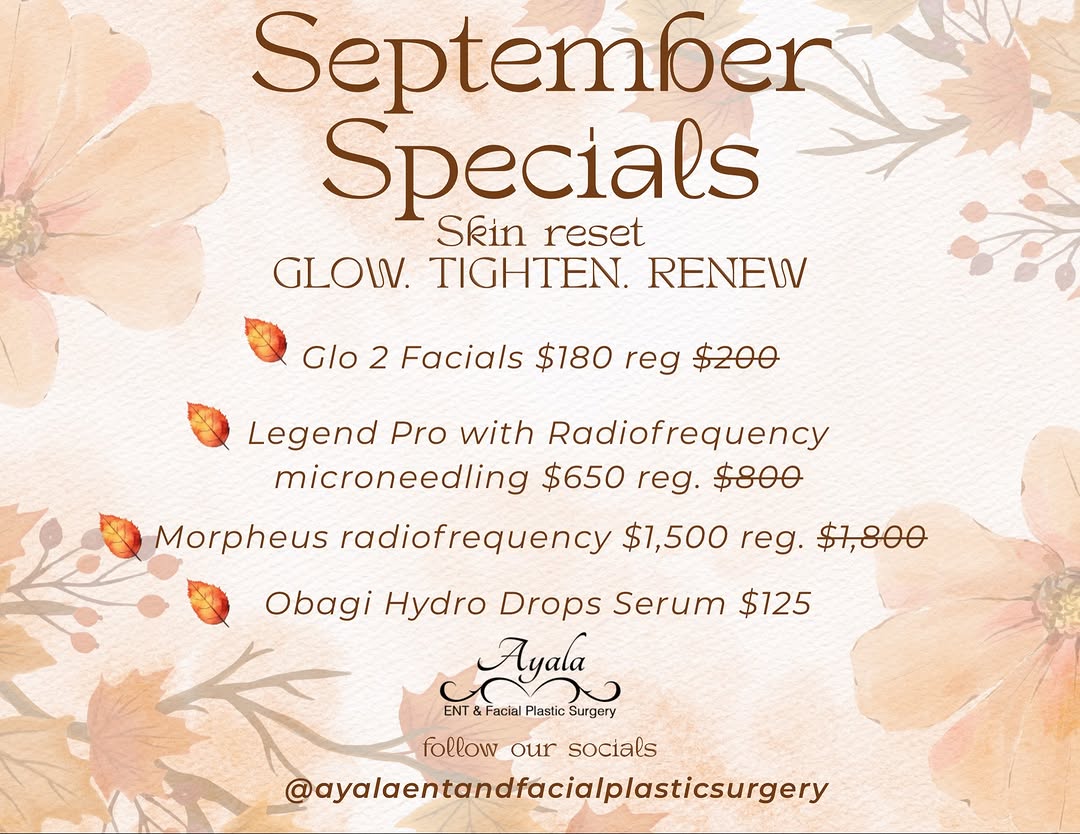 Instagram post by Dr. Carlos Ayala: 🍂✨ September Skin Specials are here! ✨🍂 Give your skin the reset it deserves this fall with treatments designed to GLOW. TIGHTEN. RENEW. �…