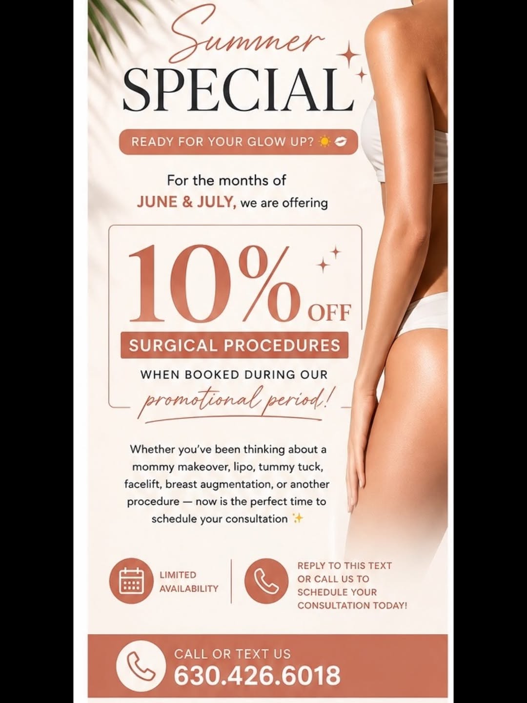 Instagram post by Dr. Carlos Farias: SUMMER SPECIAL ✨ Ready for your glow up? ☀️💋 For the months of June & July, we are offering 10% OFF surgical procedures when booked during …