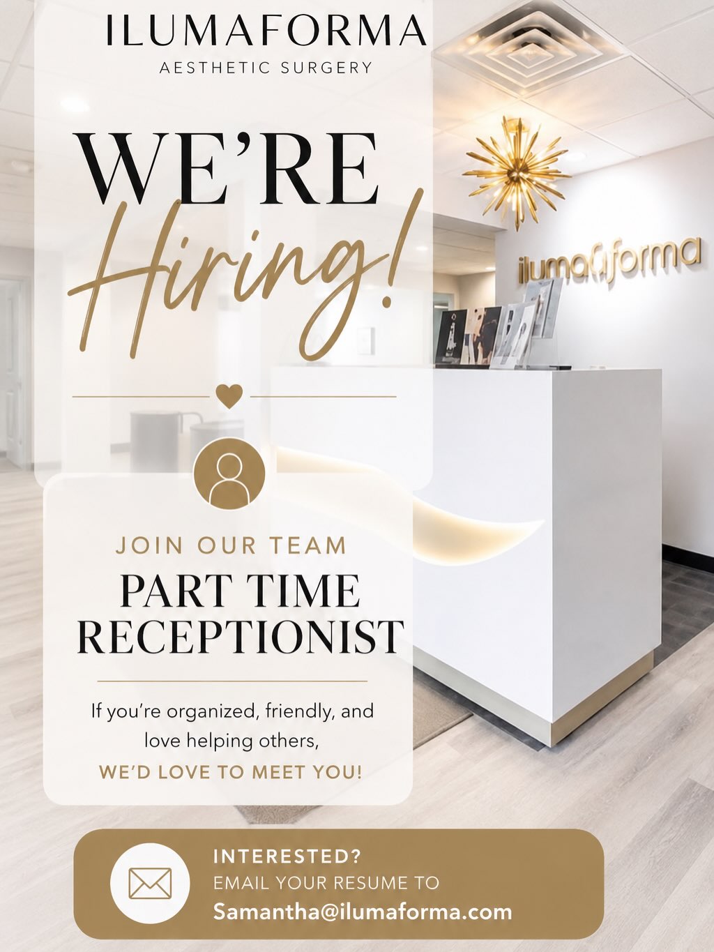 Instagram post by Dr. Carlos Farias: ✨ WE’RE HIRING! ✨ Ilumaforma Aesthetic Surgery is looking for a friendly, organized, and professional Part-Time Receptionist to join our tea…