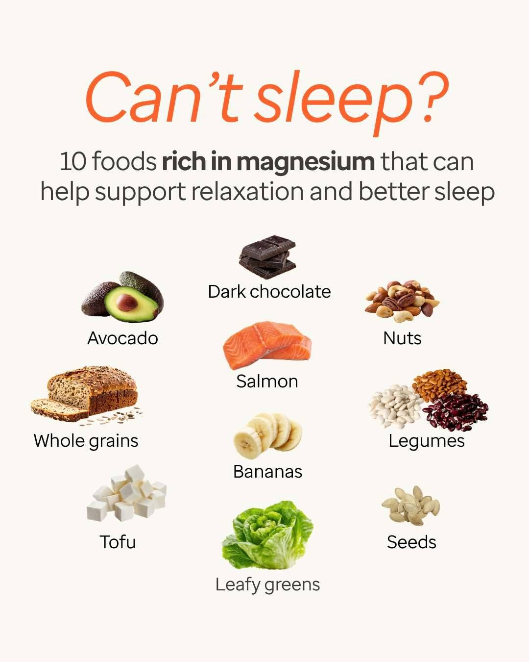 Instagram post by Dr. Carolyn Pass: Can’t sleep? 😴 We’ve all been there! Magnesium is basically your body’s “relax” helper and these foods are packed with it. A few easy adds …