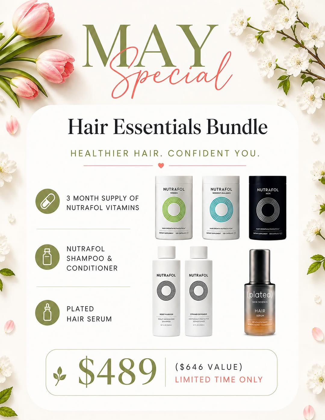 Instagram post by Dr. Carrie Houssock: Healthy hair starts from within ✨🌷 Treat yourself this May with our limited-time Hair Essentials Bundle featuring Nutrafol + Plated Hair Se…