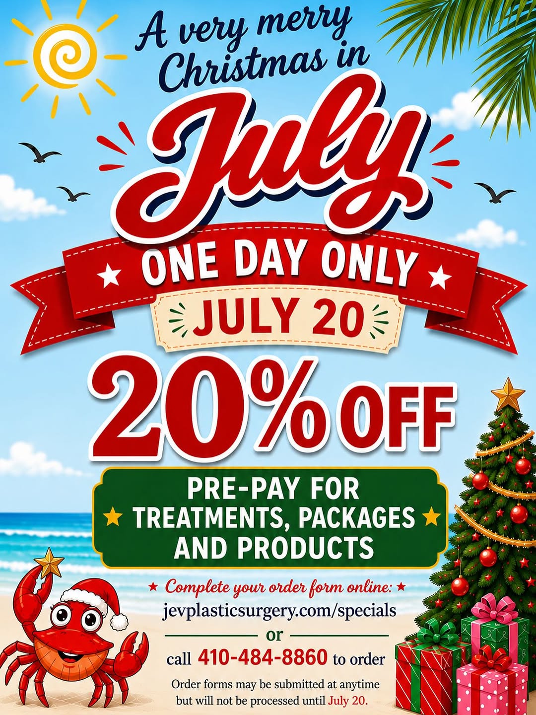 Instagram post by Dr. Carrie Houssock: 🎄🏖️ Who says you have to wait until December for the best deals? 🎁 20% OFF ✨ Treatments ✨ Packages ✨ Products 📅 One Day Only — July 20 I…