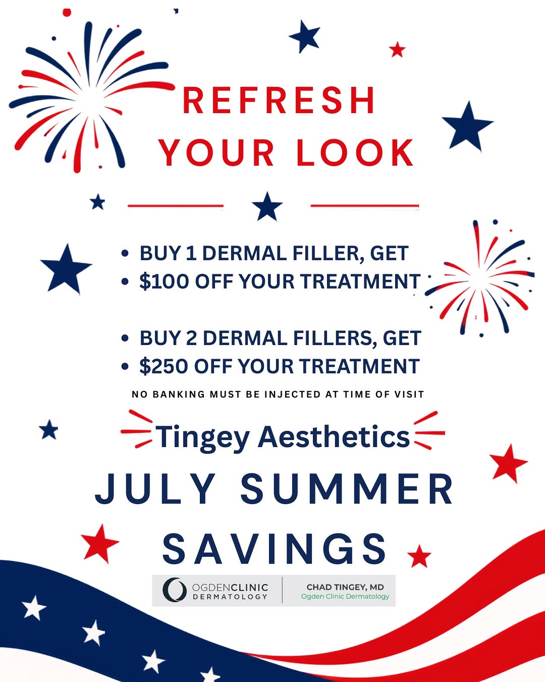 Instagram post by Dr. Chad Tingey: America Turns 250—Save Up to $250! ☀️ JULY SUMMER SAVINGS EVENT ☀ ️ Refresh your look this summer with exclusive savings on dermal fillers! …