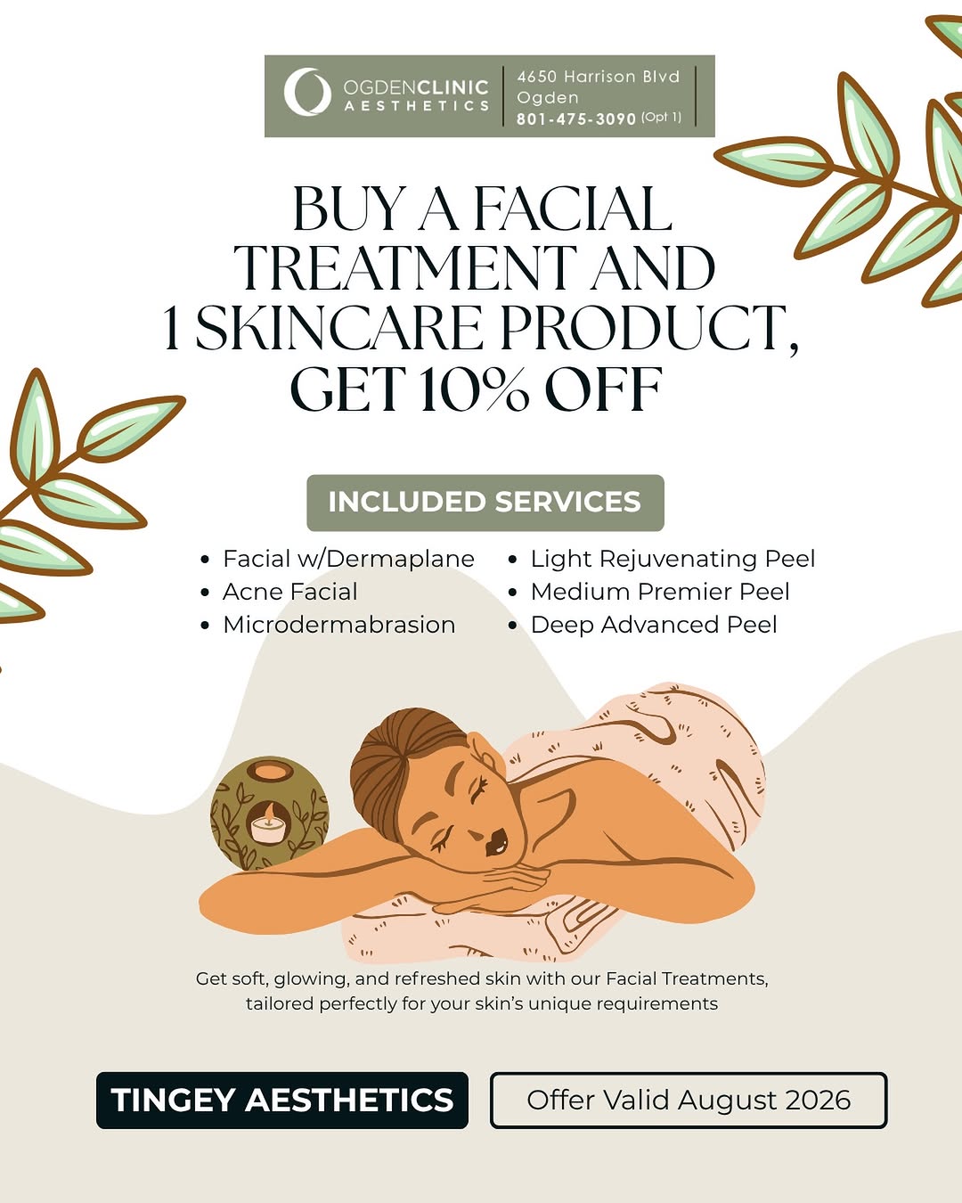 Instagram post by Dr. Chad Tingey: ✨ August Glow Starts Here! ✨ Treat your skin to the care it deserves this month! 💛 🌿 Buy any facial treatment (Facial, Chemical Peel, or M…