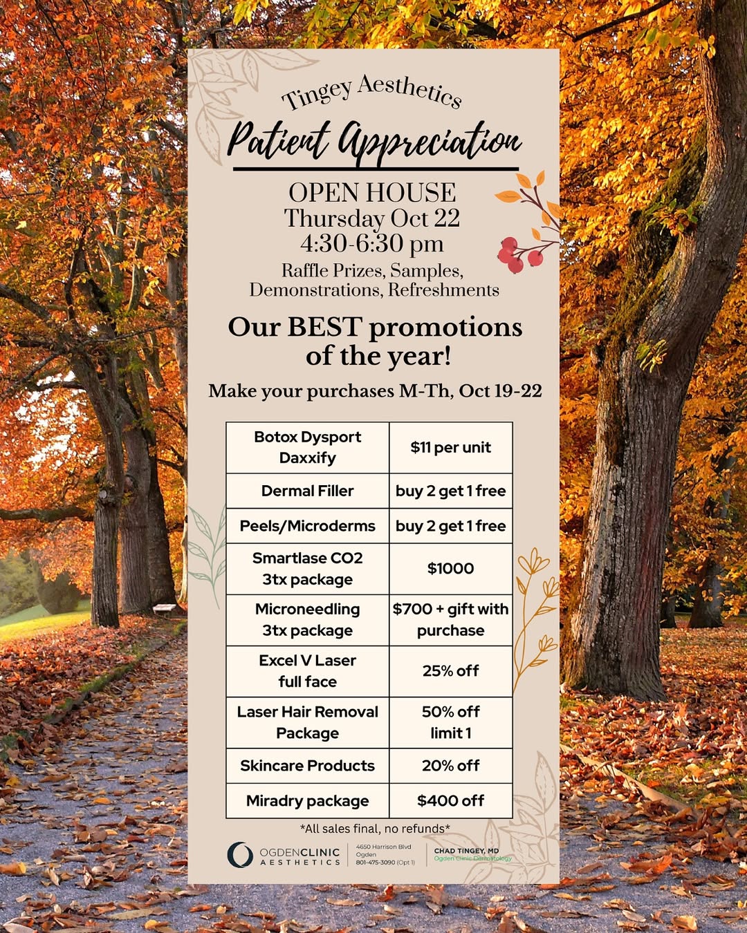 Instagram post by Dr. Chad Tingey: ✨ Our Biggest Event of the Year Is Coming! ✨ It’s time for Tingey Aesthetics Patient Appreciation Week! 💕 📅 October 19–22 Enjoy our best p…