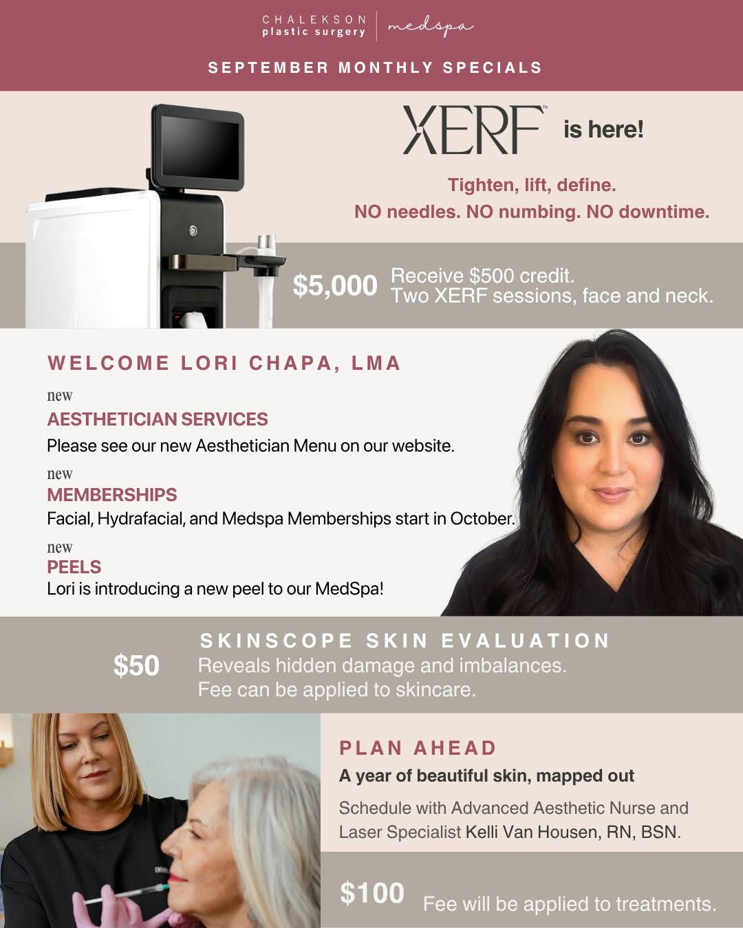 Instagram post by Dr. Charles Chalekson: There’s a lot happening this month! XERF has arrived with a special introductory offer, and we’re welcoming Lori Chapa, our new Licensed Med…