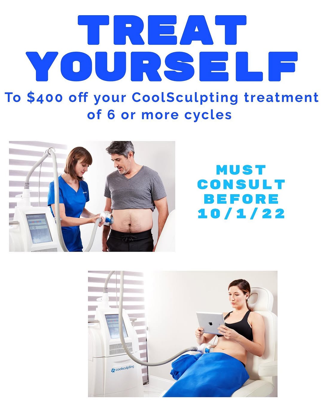 Instagram post by Dr. Charles E. Crutchfield III: Receive $400 off your Coolsculpting treatments simply by doing a Coolsculpting consult with us before October 1st! Call 651-209-3679 or emai…