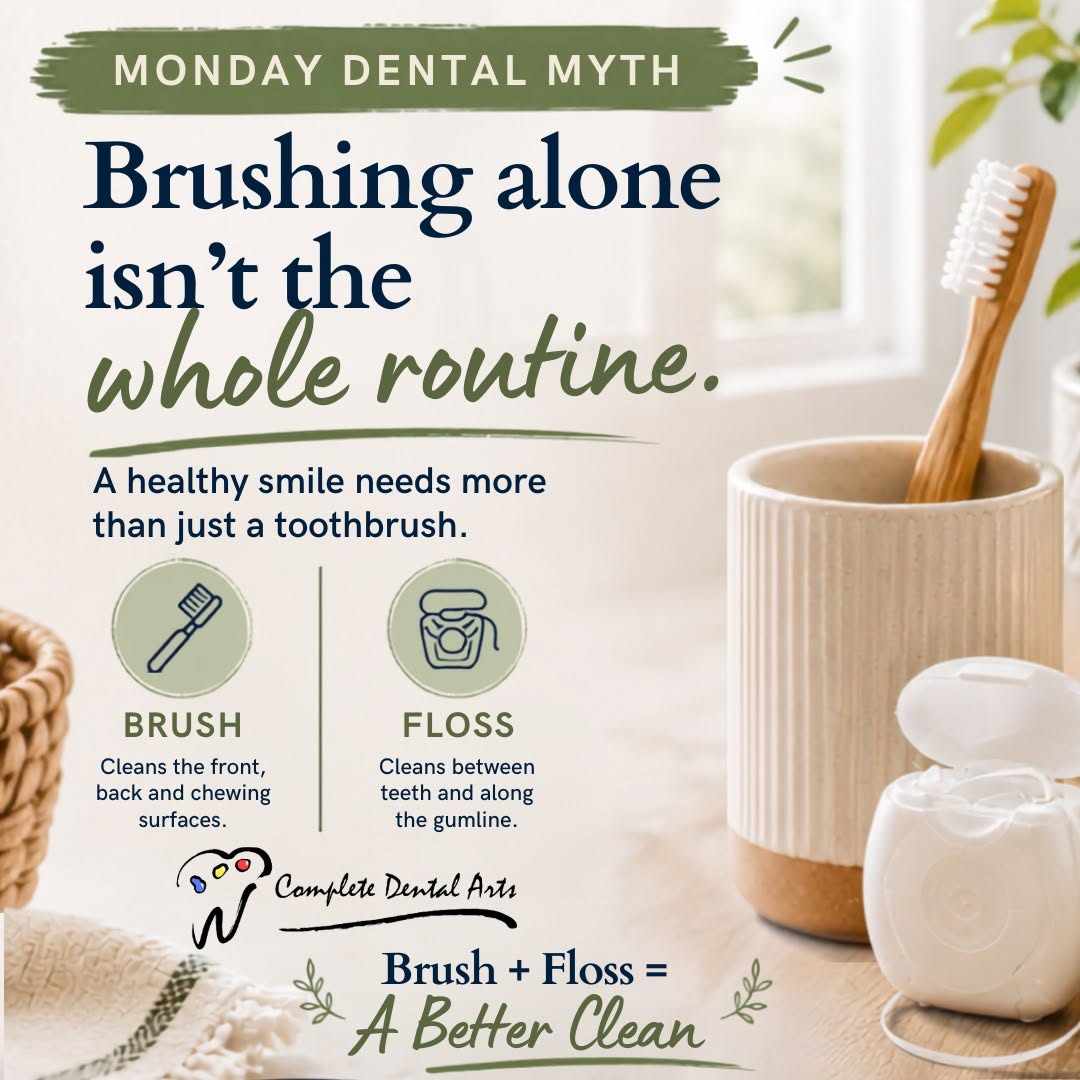 Instagram post by Dr. Charley Cheney III, D: Monday Dental Myth: Brushing Is Enough Your toothbrush is important—but it needs a little backup! 😊 Floss helps clean those small spaces be…