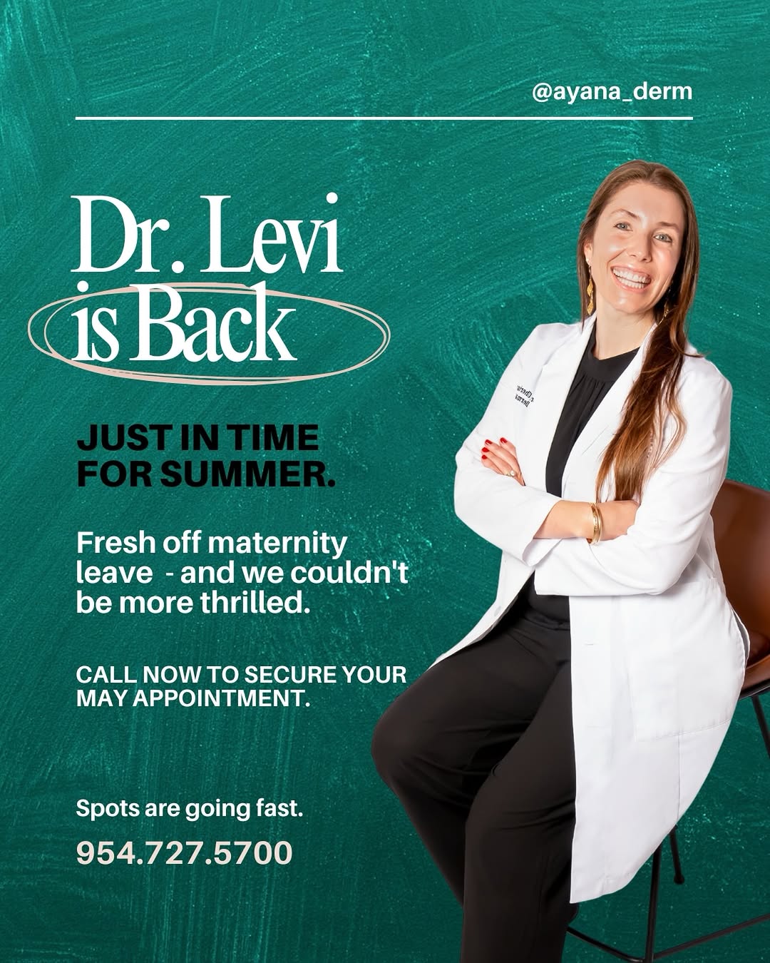 Instagram post by Dr. Cherise M. Levi, DO, FAAD, FAOCD: She’s back. ✨ Just in time for summer — Dr. Levi is returning from maternity leave this week, and we’re just as excited as you are. To our i…