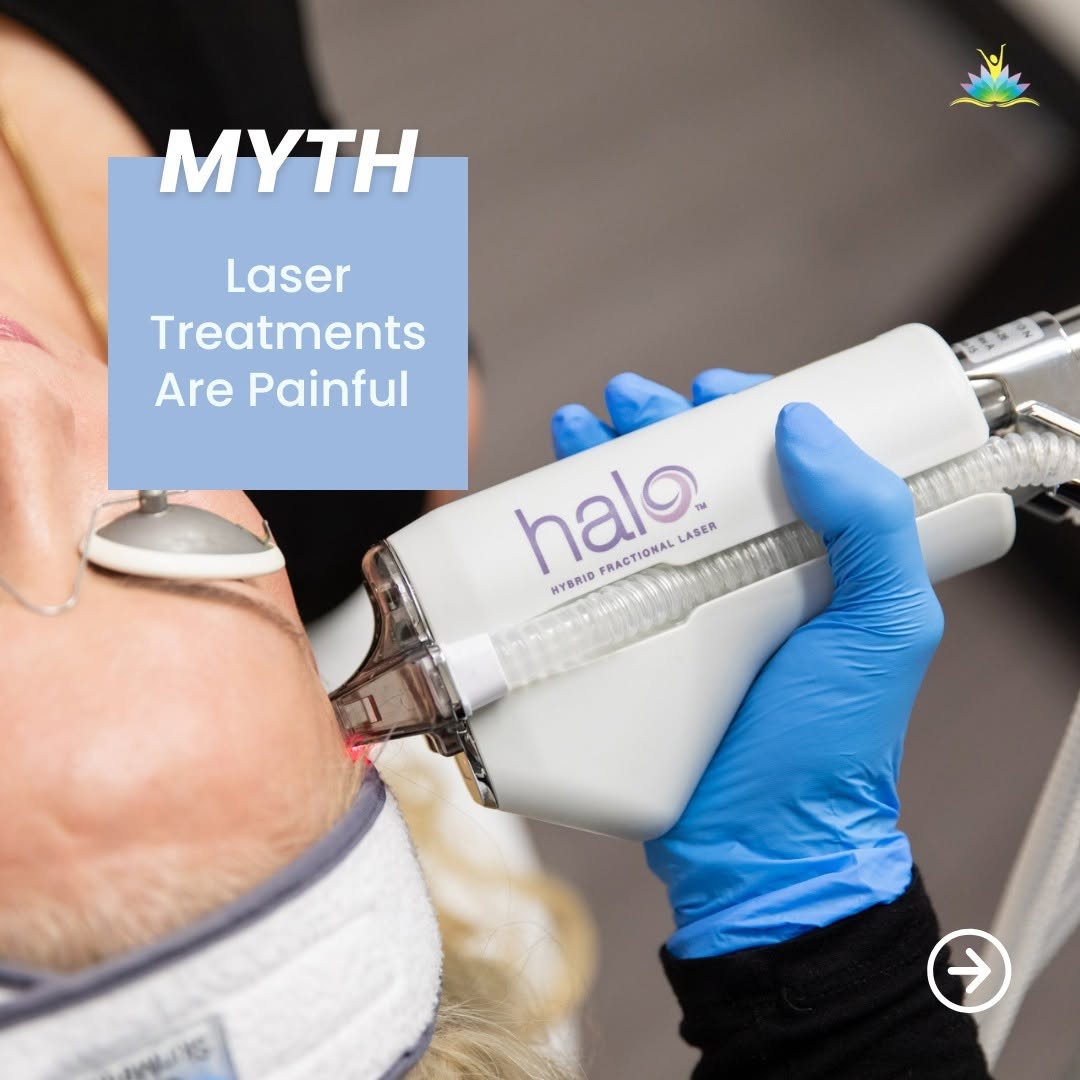 Instagram post by Dr. Cheryl Harris Geer: ❌ Myth: Laser Treatments Are Painful ❌ While it may sound intense, our state-of-the-art laser treatments are designed to be comfortable, wit…
