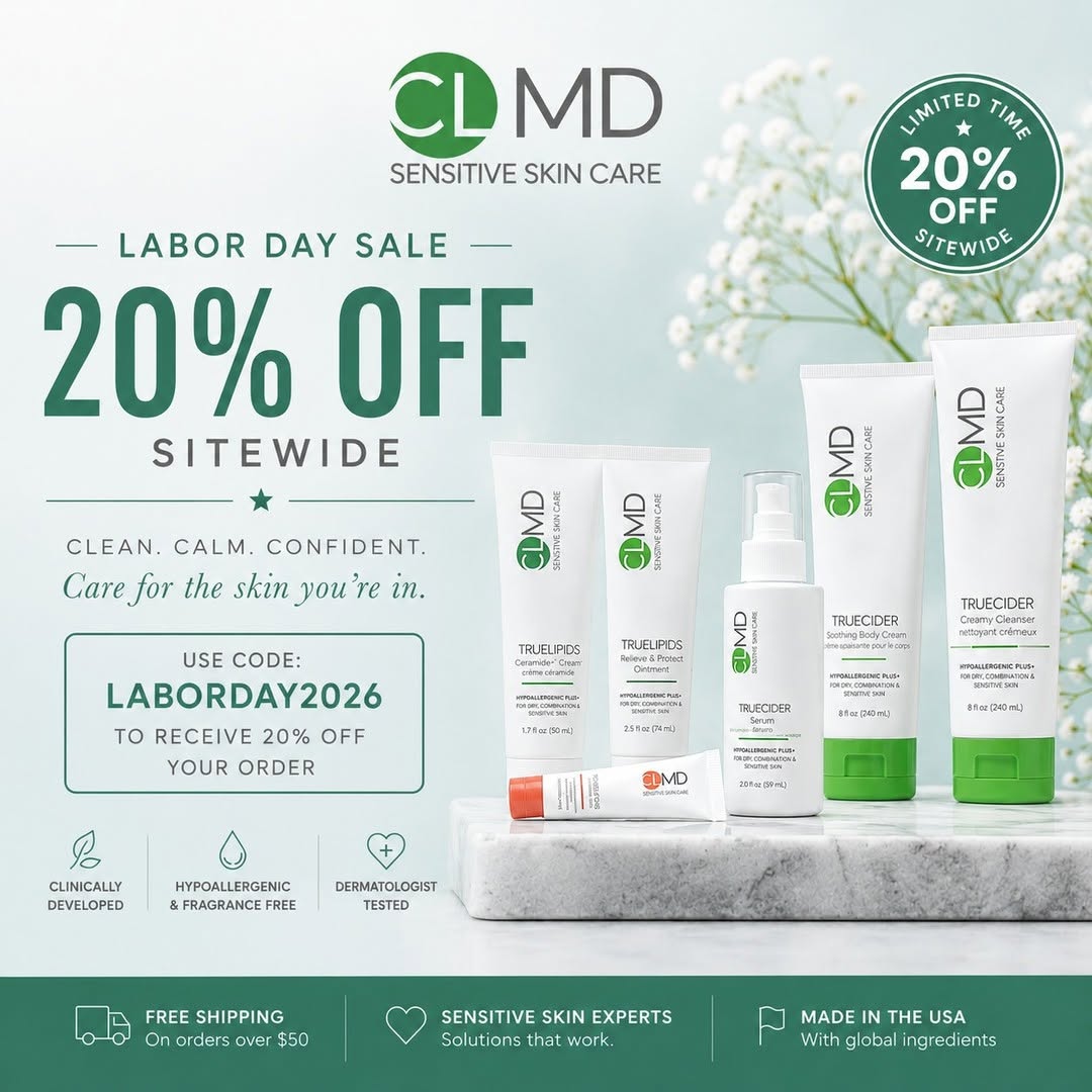 Instagram post by Dr. Cheryl Lee Eberting: LABOR DAY SALE Your skin deserves a little time off, too. 😉 Take 20% OFF SITEWIDE and stock up on the sensitive-skin essentials you actuall…