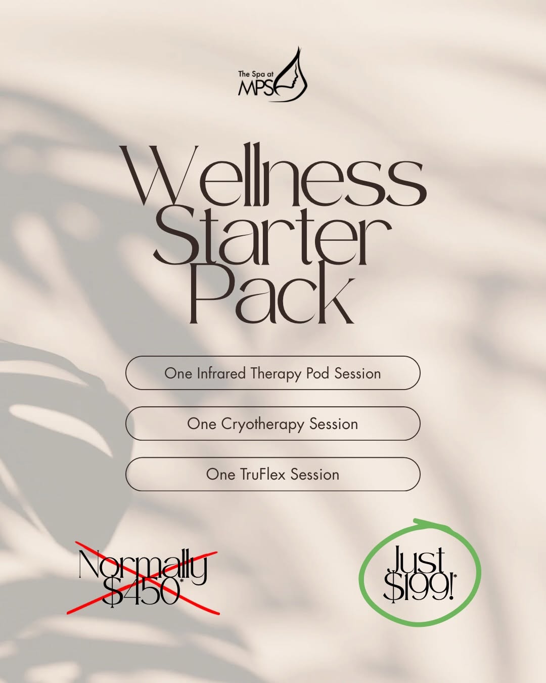 Instagram post by Dr. Chet Mays: JULY SPECIAL!! Support your fitness goals with our limited edition Wellness Starter Pack at The Spa at MPS. Burn calories, accelerate recove…