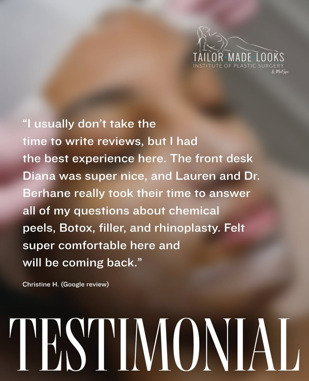 Instagram post by Dr. ChiChi Berhane: comfort and empathy are TML priorities 🩵 We want every patient to feel seen and heard. Whether it’s your first time getting plastic surgery…