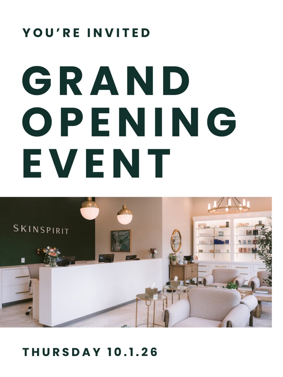 Instagram post by Dr. Chris Surek: We can’t wait to welcome you and celebrate the SkinSpirit Grand Opening on October 1st from 5–8 PM! Come tour our newly renovated space, enj…