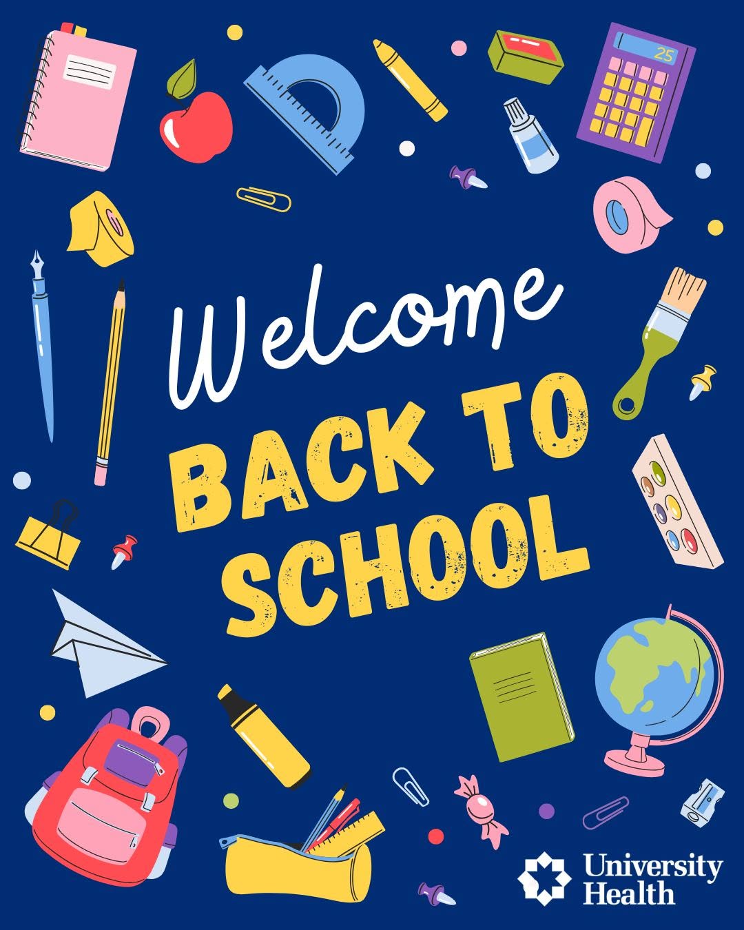 Colorful back-to-school poster with school supplies surrounding the text 'Welcome Back to School' on a blue background.